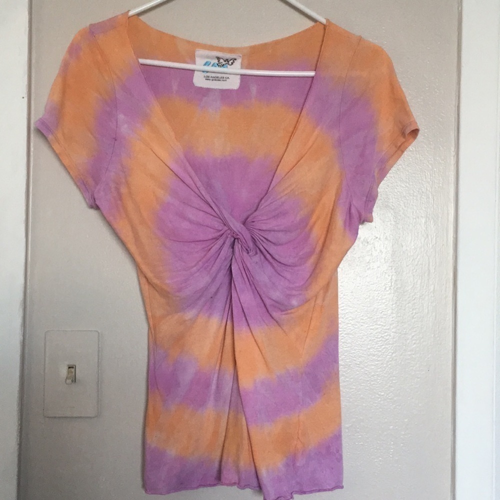 Vintage Y2K GOA USA Short Sleeved Tie-dye Lohan V-neck T-shirt large